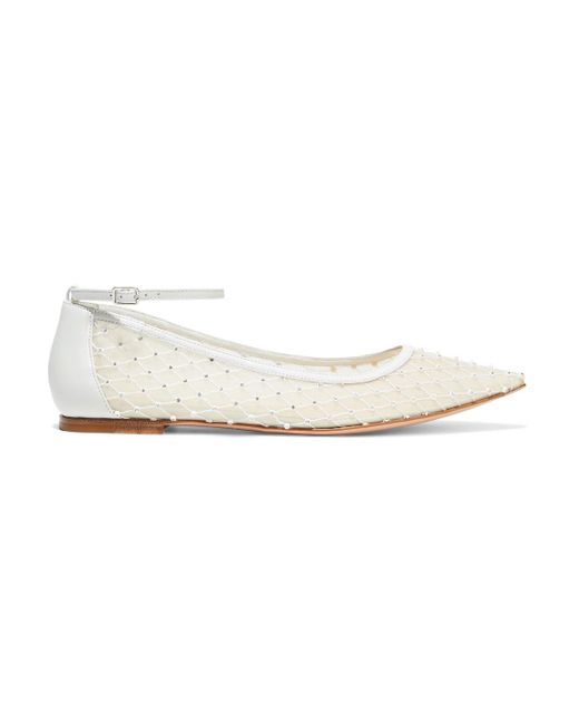 Gianvito Rossi White Rea Crystal-embellished Mesh And Leather Point-toe Flats