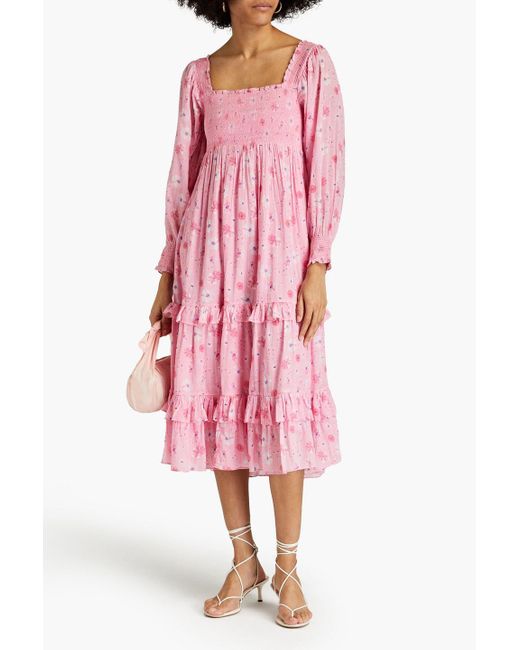 LoveShackFancy Pink Miri Smocked Floral-print Cotton-gauze Midi Dress