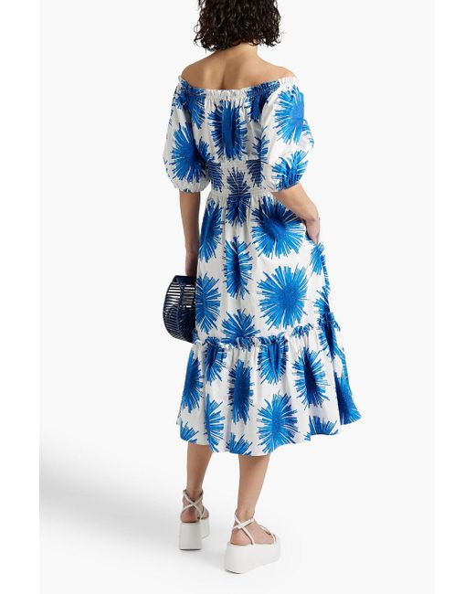 Cara Cara Blue Mimi Off-The-Shoulder Printed Cotton-Poplin Midi Dress