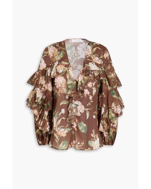 Zimmermann Brown Ruffled Floral-Print Cotton-Voile Top