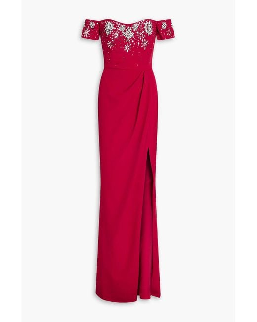 Marchesa Red Off-the-shoulder Embellished Crepe Gown
