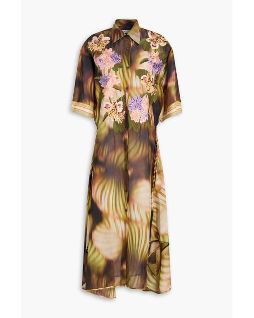 Dries Van Noten Metallic Printed Silk-habotai Midi Shirt Dress