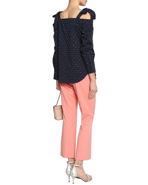 Saloni Blue Cold-Shoulder Fil Coupé Cotton-Blend Seersucker Top