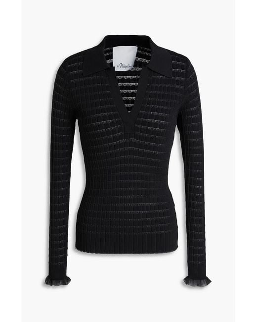 3.1 Phillip Lim Black Ribbed-Knit Polo Sweater