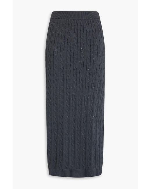Brunello Cucinelli Blue Midirock aus einer baumwollmischung mit zopfstrickmuster und pailletten