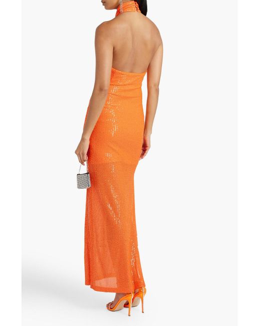 ROTATE BIRGER CHRISTENSEN Orange Sequined Tulle Halterneck Maxi Dress