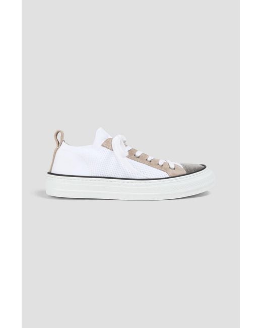 Brunello Cucinelli White Bead-Embellished Suede And Stretch-Knit Sneakers