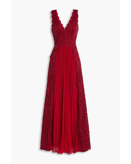 Zac Posen Red Pleated Corded Lace And Chiffon Gown