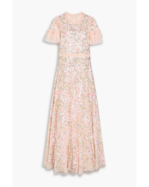Solace London Pink Ruffled Sequined Tulle Gown