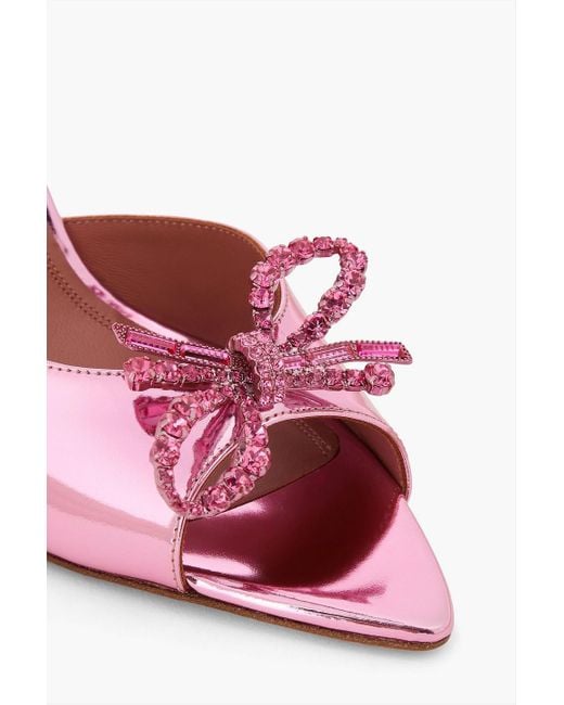 AMINA MUADDI Pink Rosie Crystal-Embellished Bow-Detailed Mirrored-Leather Mules