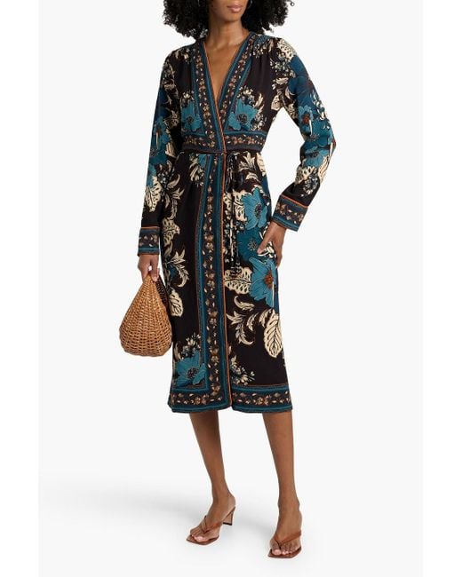 Farm Rio Black Midi-wickelkleid aus crêpe mit floralem print