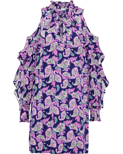 Sandro Blue Emiko Cold-shoulder Printed Silk Crepe De Chine Mini Dress