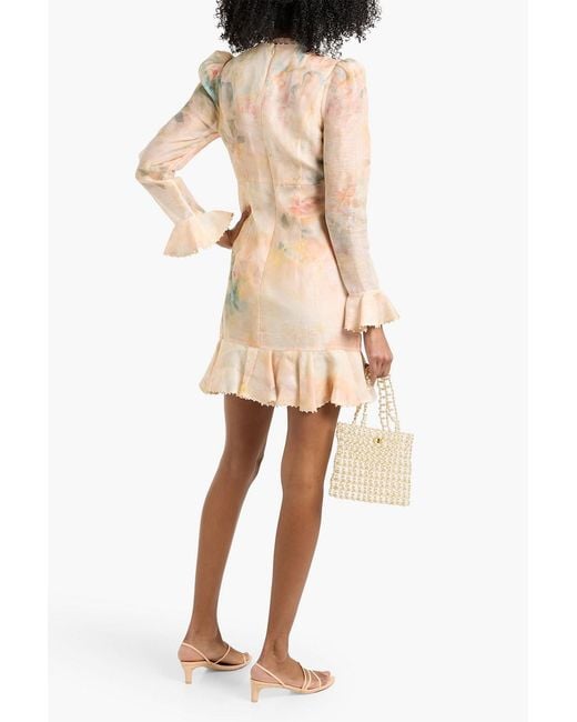 Zimmermann Natural Embellished Ruffled Printed Linen And Silk-Blend Gauze Mini Dress