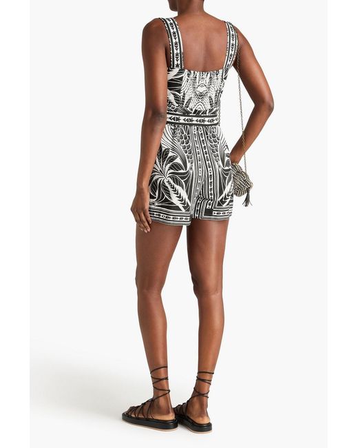 Farm Rio White Belted Printed Linen-blend Playsuit