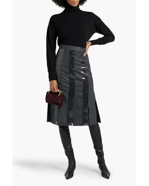 Brunello Cucinelli Black Sequin-embellished Striped Wool-flannel Midi Skirt