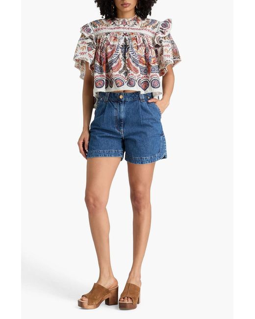 Farm Rio White Ruffled Paisley-print Swiss Dot Cotton Blouse
