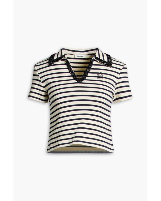 Sandro Black Embellished Striped Cotton-Jersey Polo Shirt