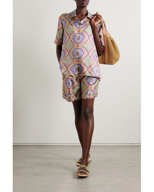 Etro White Pleated Printed Silk-Twill Shorts