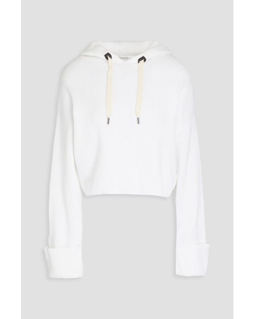 Brunello Cucinelli White Cropped Ribbed Cotton Hoodie