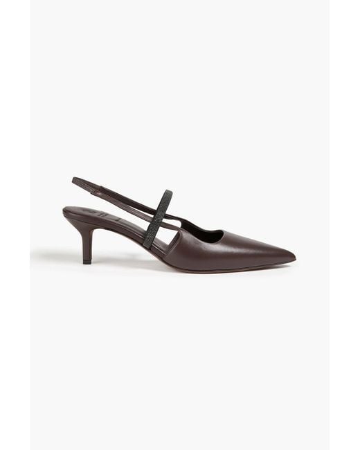 Brunello Cucinelli Brown Bead-Embellished Leather Slingback Pumps