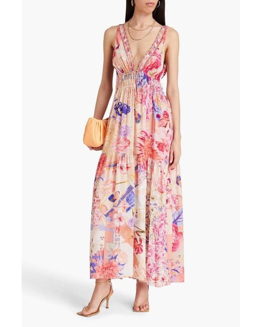 Camilla Pink Crystal-embellished Printed Silk Crepe De Chine Maxi Dress