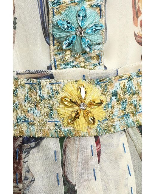 Dolce & Gabbana White Embellished Pleated Printed Silk-organza Midi Dress