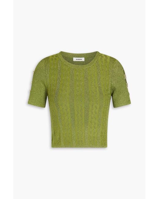 Sandro Green Ring-embellished Cutout Metallic Knitted Top