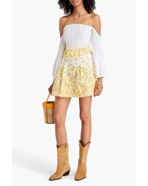 Farm Rio Metallic Belted Floral-print Denim Mini Skirt