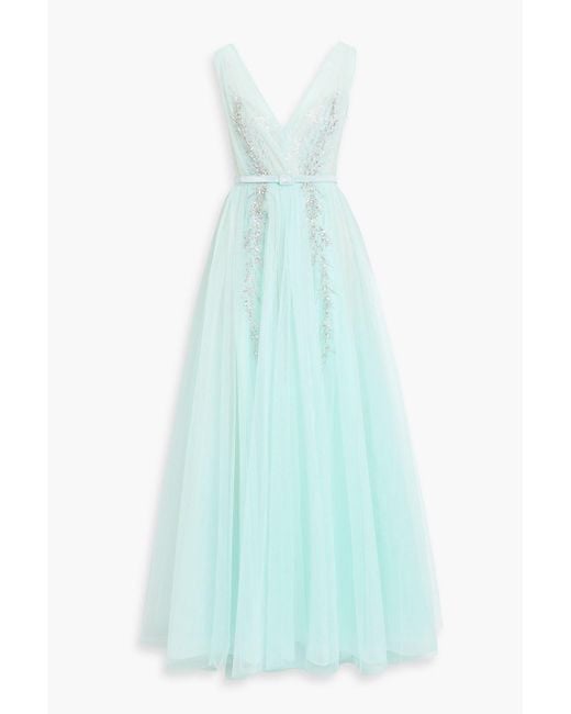 Badgley Mischka Blue Embellished Tulle Gown