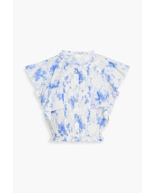 LoveShackFancy Blue Nora Cropped Floral-print Cotton-voile Top
