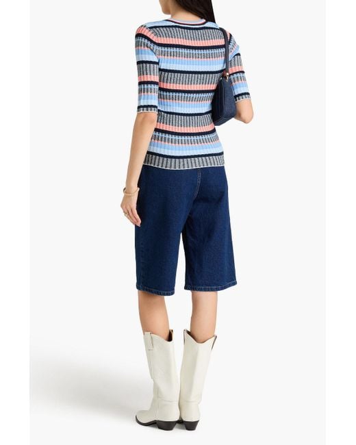 Veronica Beard Blue Calliope Striped Ribbed-Knit Top