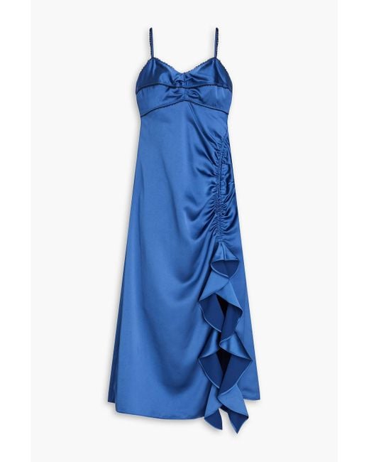 Sandro Blue Ruched Satin-Crepe Midi Dress