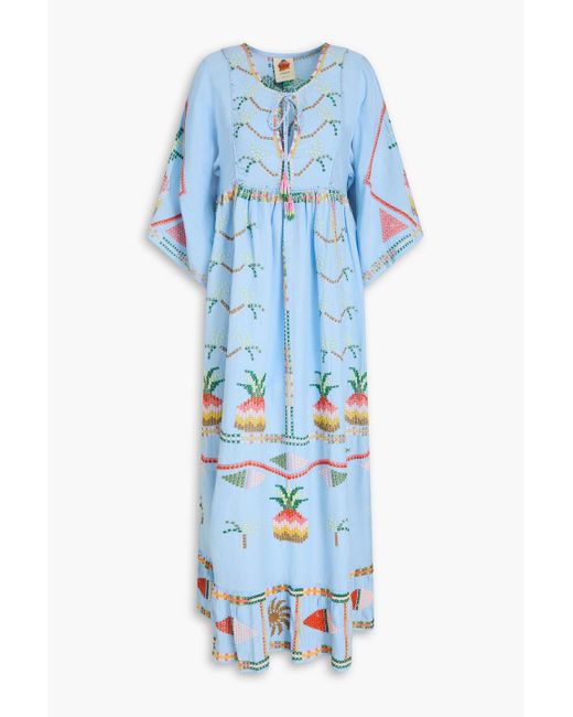 Farm Rio Blue Embellished Linen-blend Maxi Dress