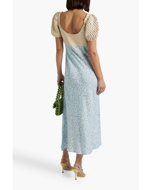 Rixo Blue Sardinia Crochet-paneled Floral-print Linen-blend Midi Dress
