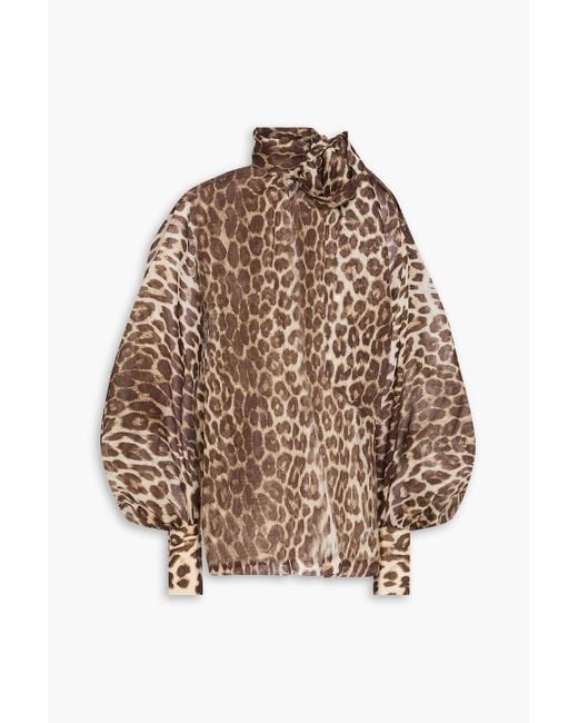 Zimmermann Brown Pussy-Bow Leopard-Print Linen And Silk-Blend Organza Blouse