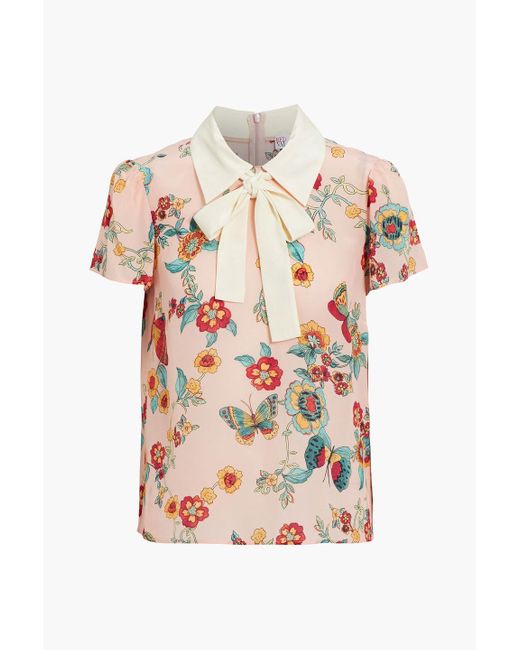 RED Valentino White Pussy-bow Printed Silk-chiffon Blouse