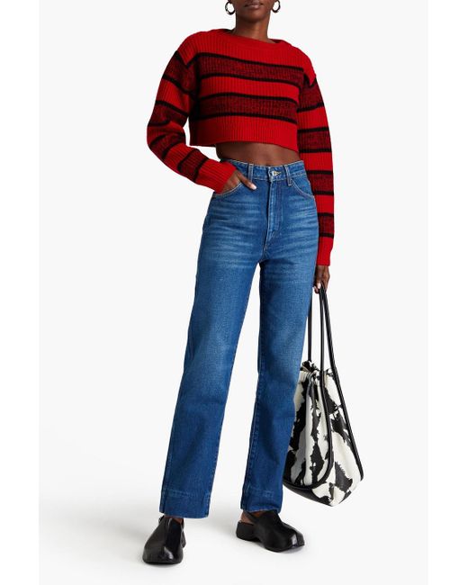 Re/done Red Cropped Striped Ribbed Wool Sweater