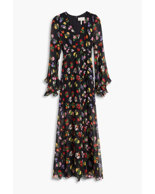 Saloni Black Poppy Ruffled Floral-Print Silk-Georgette Maxi Dress