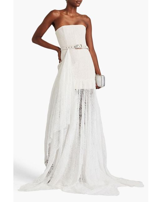 Danielle Frankel White Delphine Strapless Belted Corded Lace Gown