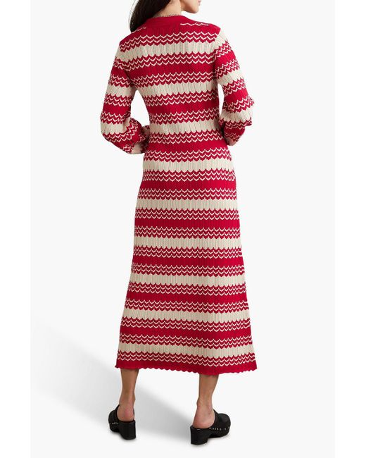 Rixo Red Piper Scalloped Pointelle-knit Midi Dress