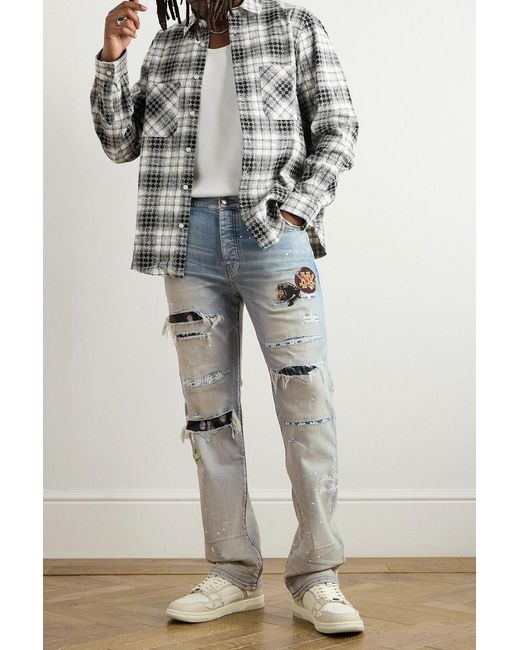 Amiri Blue Skinny-Fit Appliquéd Distressed Paint-Splattered Jeans for men