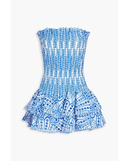 Charo Ruiz Blue Megan Strapless Tiered Broderie Anglaise Cotton-blend Mini Dress