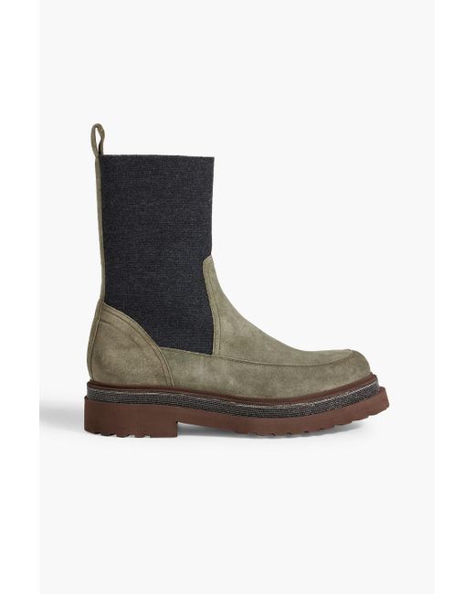 Brunello Cucinelli Green Bead-embellished Suede And Stretch-knit Ankle Boots