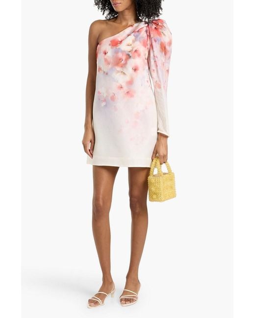 Zimmermann Pink One-Shoulder Floral-Print Linen And Silk-Blend Gauze Mini Dress