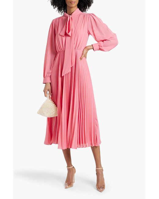 Mikael Aghal Pink Pussy-bow Pleated Crepe Midi Dress