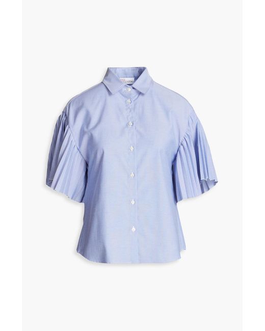 RED Valentino Blue Gathered Cotton-blend Oxford Shirt