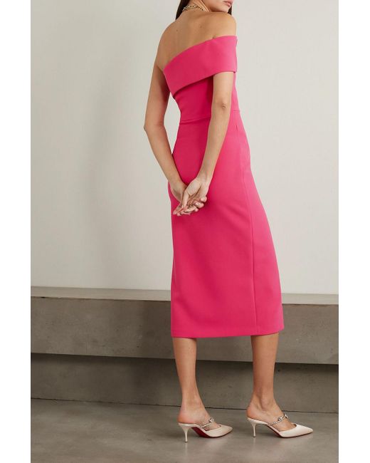 Safiyaa Pink Drapiertes midikleid "opal" aus stretch-crêpe mit asymmetrischer schulterpartie