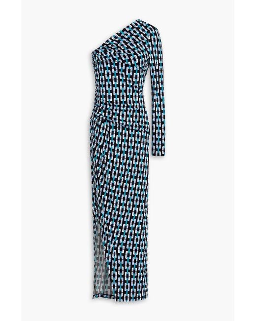 Diane von Furstenberg Blue Kitana One-sleeve Ruched Printed Jersey Maxi Dress