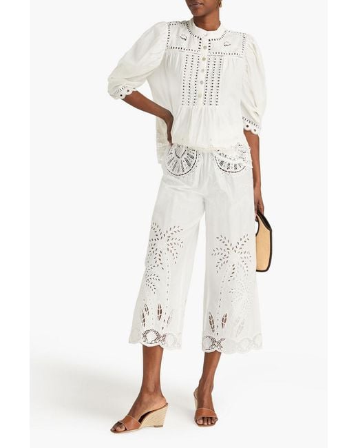 Farm Rio Natural Cropped Broderie Anglaise Cotton Wide-leg Pants