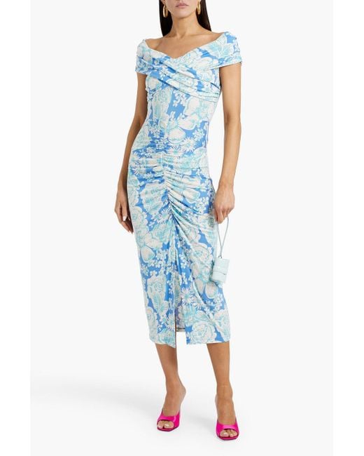 Diane von Furstenberg Blue Stephen Off-The-Shoulder Printed Jersey Midi Dress